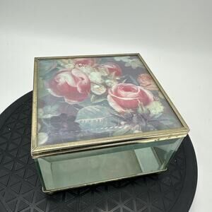 Glass Jewelry Box by World Bazaars Floral Art Mirror Bottom Box Decorative
